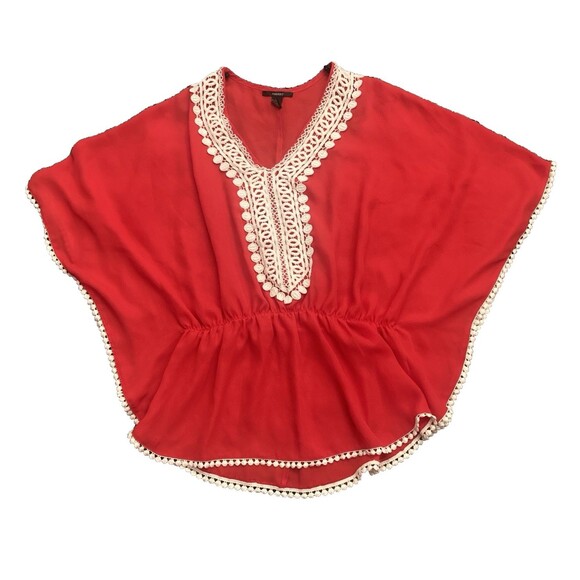 Forever 21 Poncho Top MEDIUM Crochet Pom Pom Dolman Boho Festival Resort - Picture 1 of 8